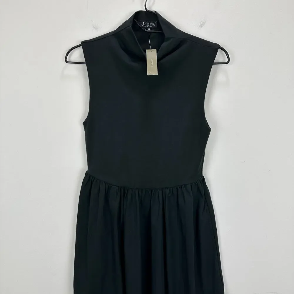 J.Crew Fitted Knit Mockneck Dress Poplin A Line Skirt Black Minimalist XXS NWT